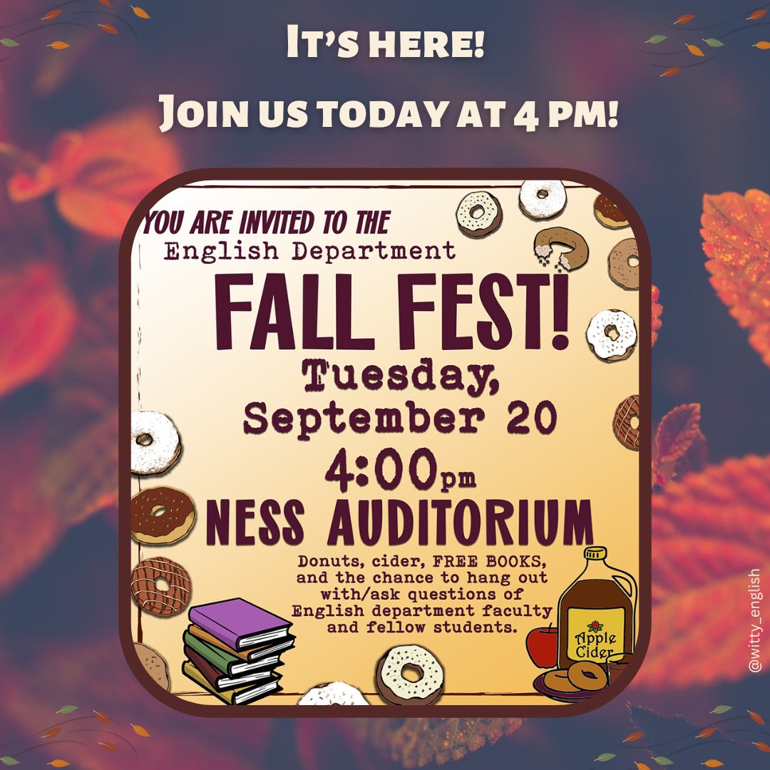 Witty_English's tweet photo. Imagine this: 4 hours from now you could be enjoying cider, donuts, free books, and good conversation. Sound appealing? We can’t wait to see you there! https://t.co/yiBkg8WpwC