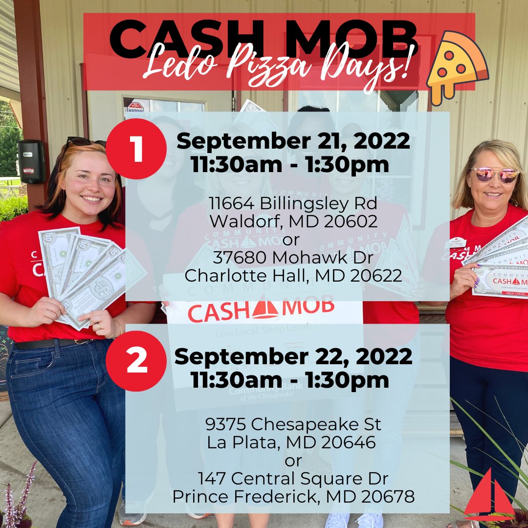 CBTCconnect's tweet photo. Join the Community Cash Mob for Ledo Pizza Days this week! The first 50 people at each location will receive a $10 voucher to use for their purchase. 

#supportlocal #localbusiness #ledopizza #communitycashmob #cashmob #communitybanking #banklocally https://t.co/ZUh3Vsnk8Y