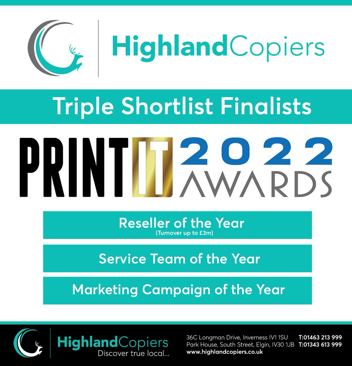 Delighted to represent the Highlands on a national stage and even more delighted to have been shortlisted for 3 industry specific awards in this years <a href="/PrintITReseller/">PRINT.IT Reseller</a> Awards.