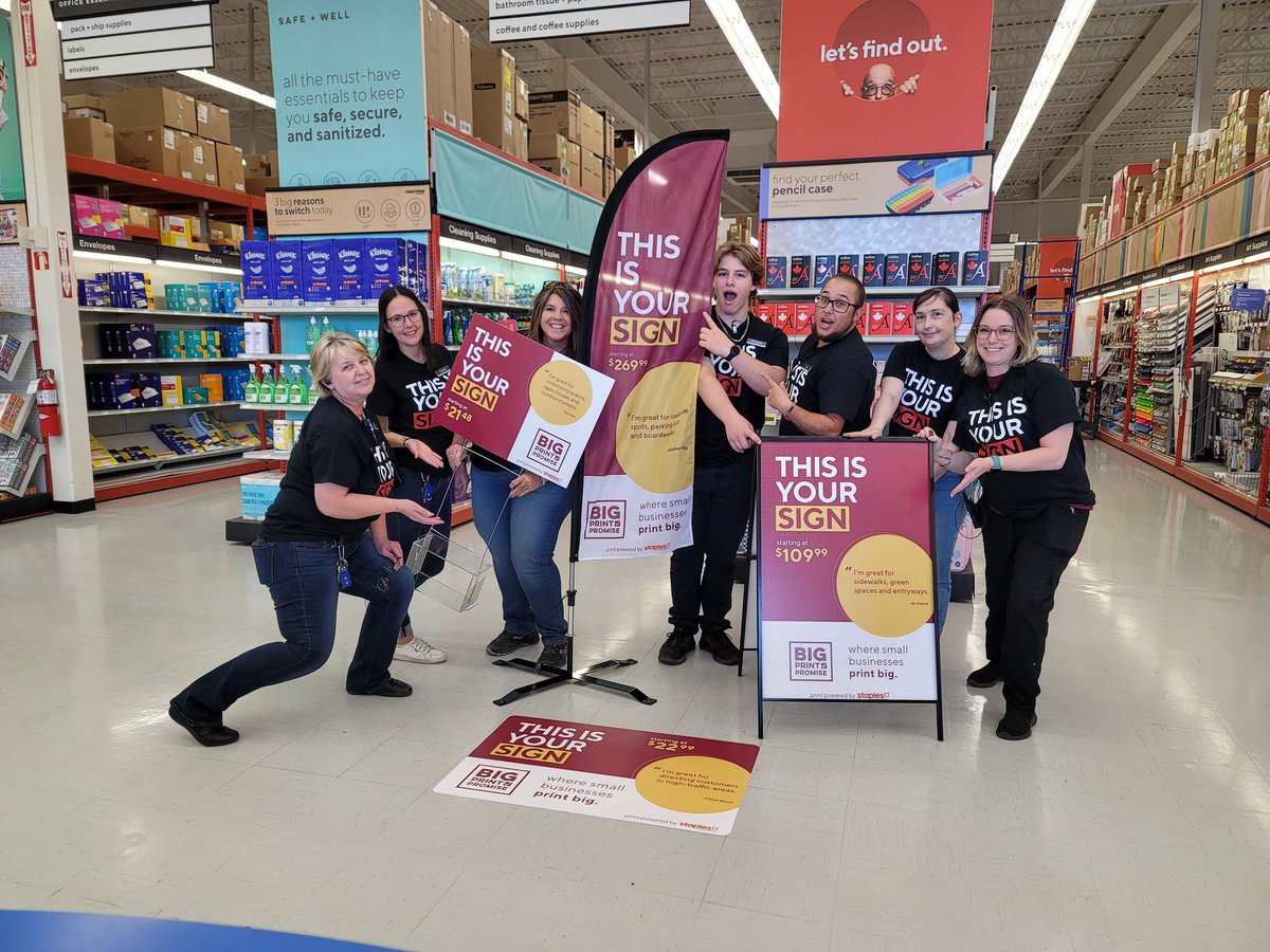 Damper05's tweet photo. My Staples team dreaming about all the BIG SIGNS coming our customers way !
Small businesses 🗣🗣   drop in to see all the amazing ways to brand your business!
Or maybe you have a wedding and need to say "This way "  using our yard sign
#cornerbrook #nlowe #nlesd #SmallBusiness https://t.co/koB7nPyx1i