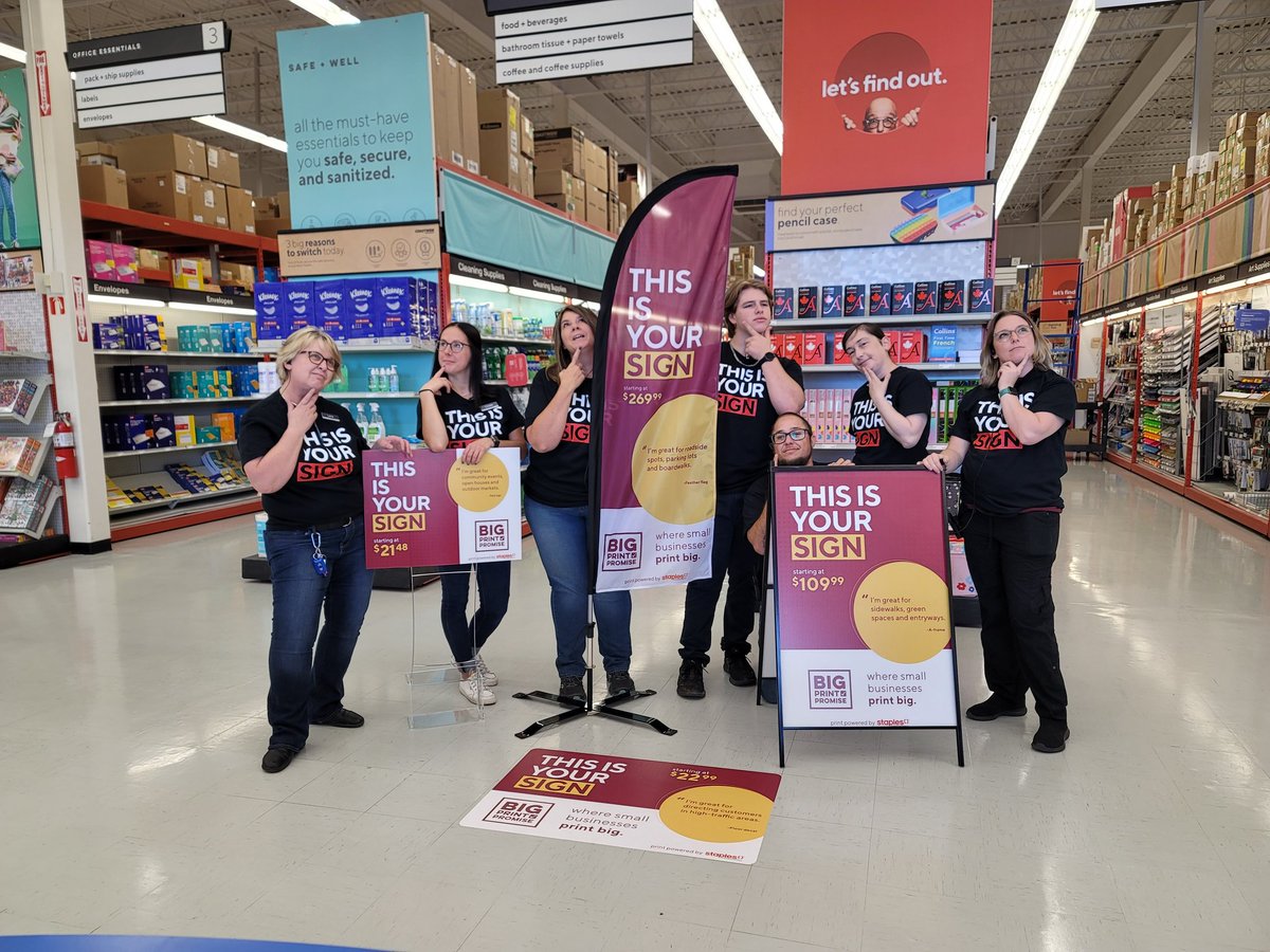 Damper05's tweet photo. My Staples team dreaming about all the BIG SIGNS coming our customers way !
Small businesses 🗣🗣   drop in to see all the amazing ways to brand your business!
Or maybe you have a wedding and need to say "This way "  using our yard sign
#cornerbrook #nlowe #nlesd #SmallBusiness https://t.co/koB7nPyx1i
