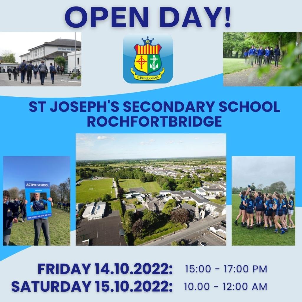 StJosephsRB's tweet photo. We are delighted to announce the dates and times for our upcoming Open Days. We will welcome all prospective students on Friday 14th from 3pm-5pm and Saturday 15th October from 10am-12 noon. This is a great chance for you to come and see what school life is like in St Joseph's. https://t.co/atEOXzVc91
