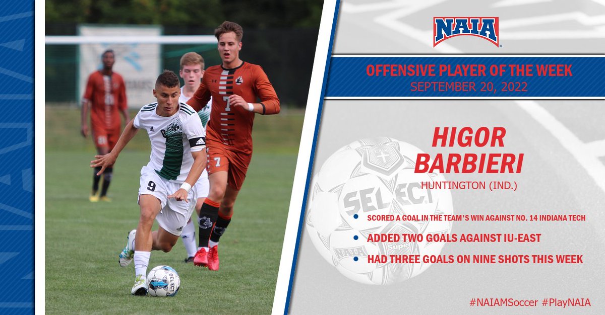 NAIA's tweet photo. M⚽️| The State of Indiana owns the #NAIAMSoccer Player of the Week awards as @HU_Sports' Higor Barbieri takes home Offensive Player of the Week honors!

Check it out --> https://t.co/f1E1jQrPgX

#NAIAPOTW #PlayNAIA #CollegeSoccer https://t.co/MZRp23ze7H