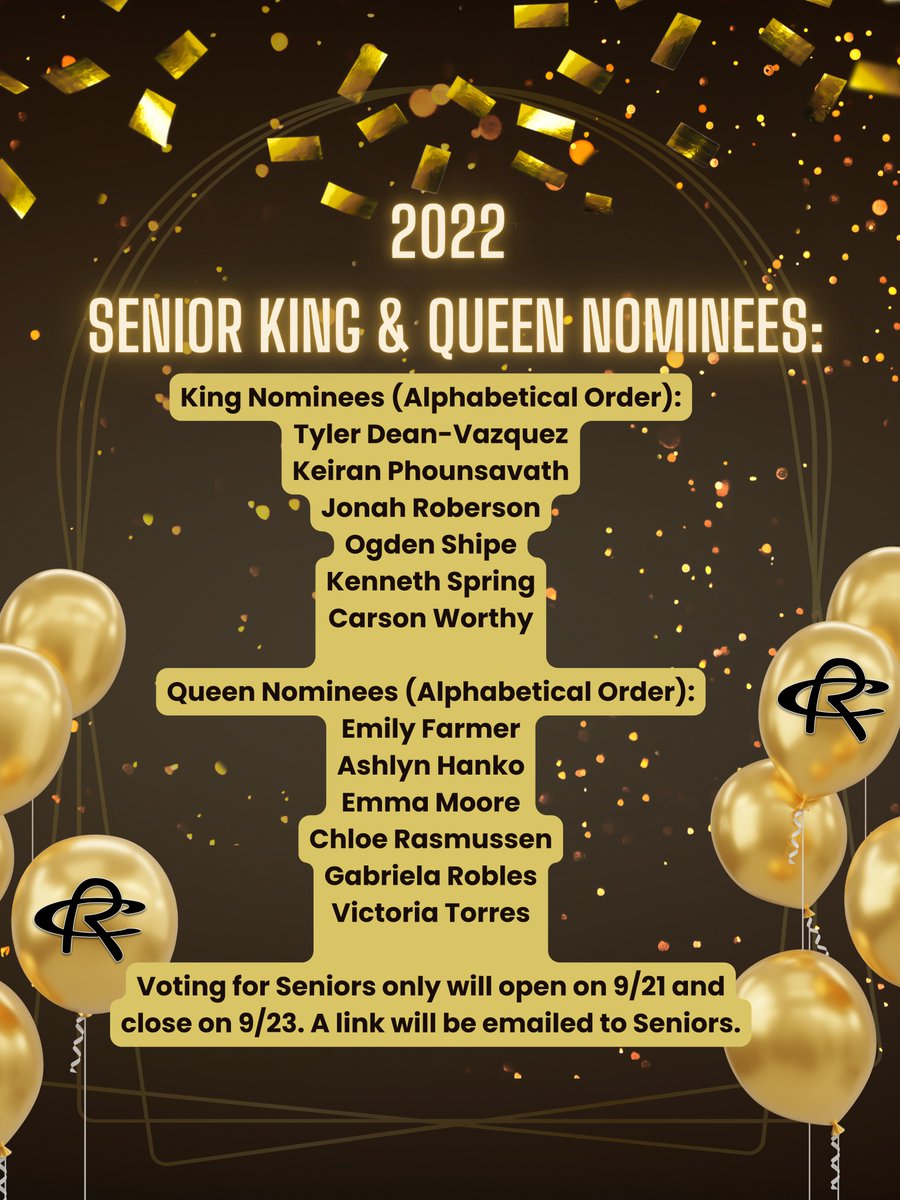 Congratulations to our Underclassman Court and our King/Queen Nominees for Homecoming 2022! King and Queen will be crowned at the football pre-game ceremony on 9/30! <a href="/RoyseCityHS/">Royse City HS</a> <a href="/RoyseCityISD/">Royse City ISD</a> 
👑🎉🥳 #oneRC #RCISDJOY