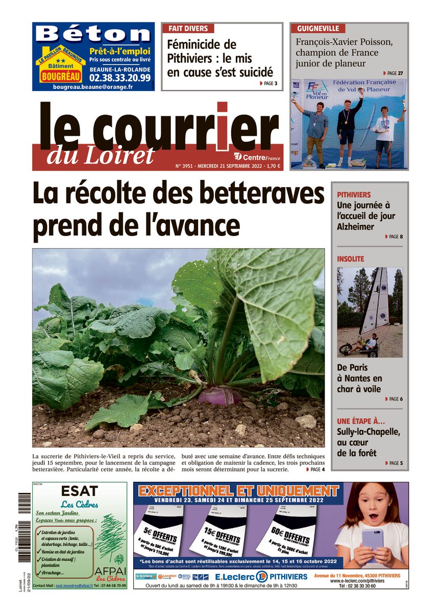 🔴À la Une cette semaine du <a href="/courrier_loiret/">Le Courrier du Loiret</a> :

La sucrerie de Pithiviers-le-Vieil a repris du service, jeudi 15 septembre, pour le lancement de la campagne betteravière avec près d'une semaine d'avance!

Plus d'informations, dans l'édition de la semaine du Courrier du Loiret !🗞️