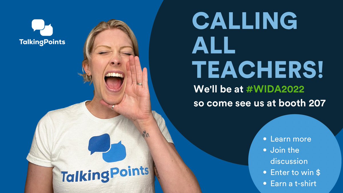 TalkingPointsEd's tweet photo. TalkingPoints will be at #WIDA2022 next week and we can’t wait to see you there! Stop by booth 207 to meet the team, learn more about the app, and grab some swag. #teachertwitter #ellchat #multilingualchat https://t.co/5ixNF74y11
