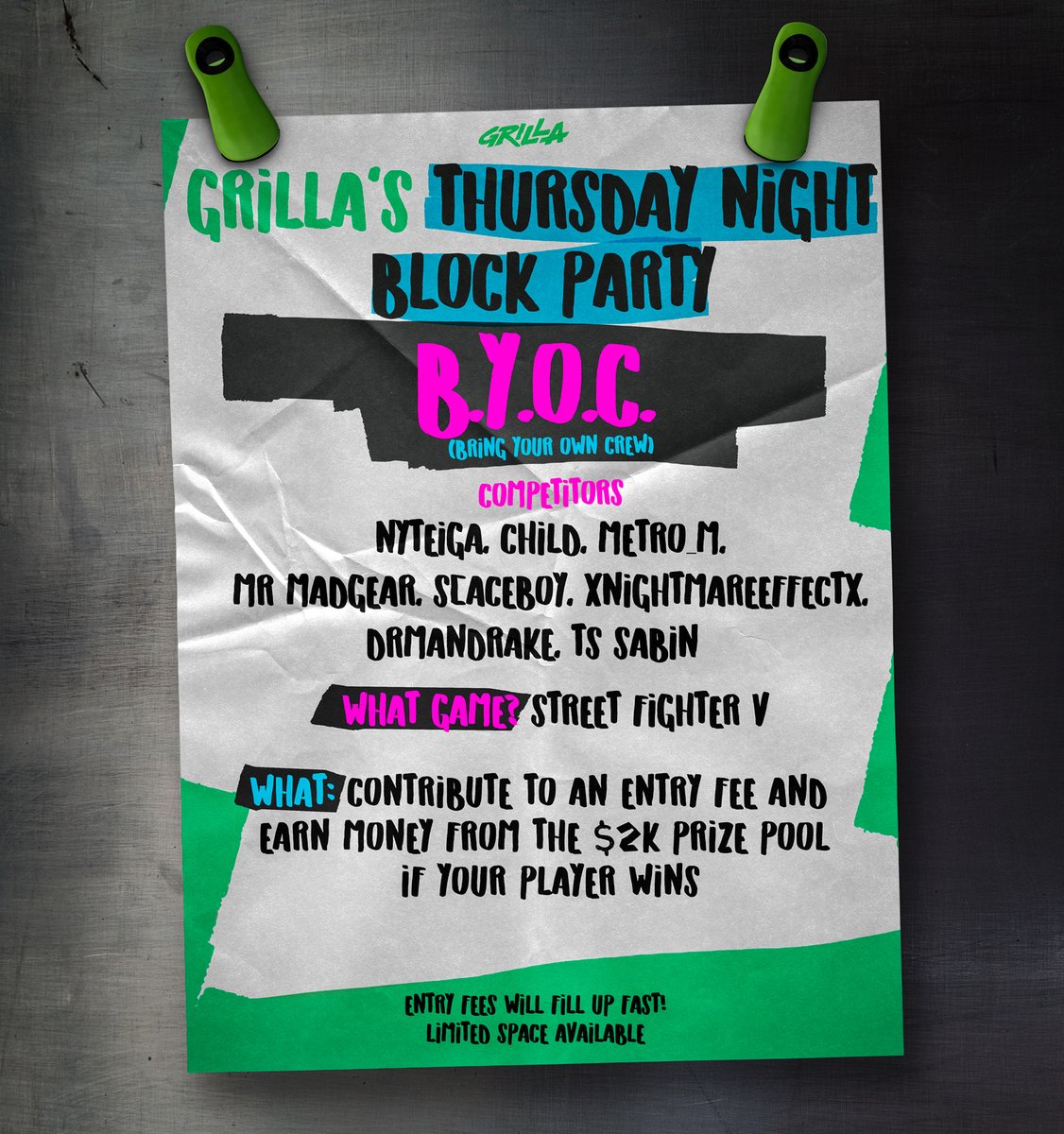 CALLING ALL SFV FANS! 🚨 Want to support your favorite players and take home a piece of the action if your favorite player wins? 💵🔥 GRILLA'S BLOCK PARTY THURSDAY @ 7PM 🗓️ SUPPORT YOUR FAV PLAYER⬇️ grilla.gg/g/byoc LIVE ON 📺 twitch.tv/Grilla