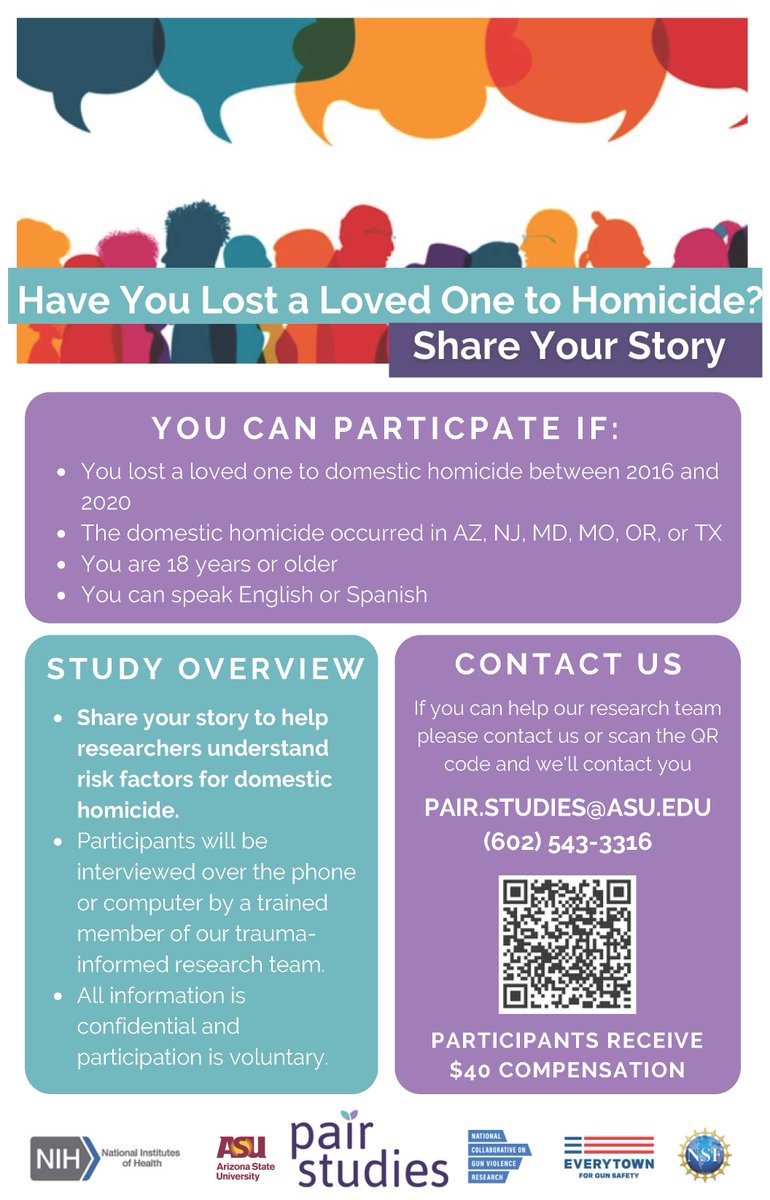 Our study about risk factors for domestic homicide is open. If you lost a loved one to domestic violence in AZ, NJ, MD, MO, OR, or TX, we'd be honored to talk with you. You story can help us understand risk factors and hopefully prevent future tragedies. See below for more info.