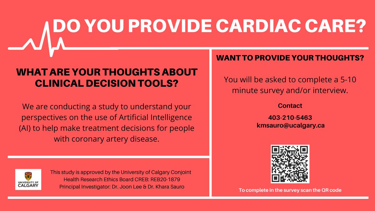 Do you provide #Cardiac care in Alberta? We want to know your thoughts on using #AI to help make clinical decisions for people with #CoronaryArteryDisease

<a href="/LibinInstitute/">Libin Cardiovascular Institute</a> <a href="/UCalgaryMed/">UCalgaryMedicine</a> <a href="/UAlberta_FoMD/">UAlberta Med & Dent</a> <a href="/UofCJoon/">Joon Lee</a> <a href="/Bishnu99_AbKa/">Bishnu Bajgain</a>