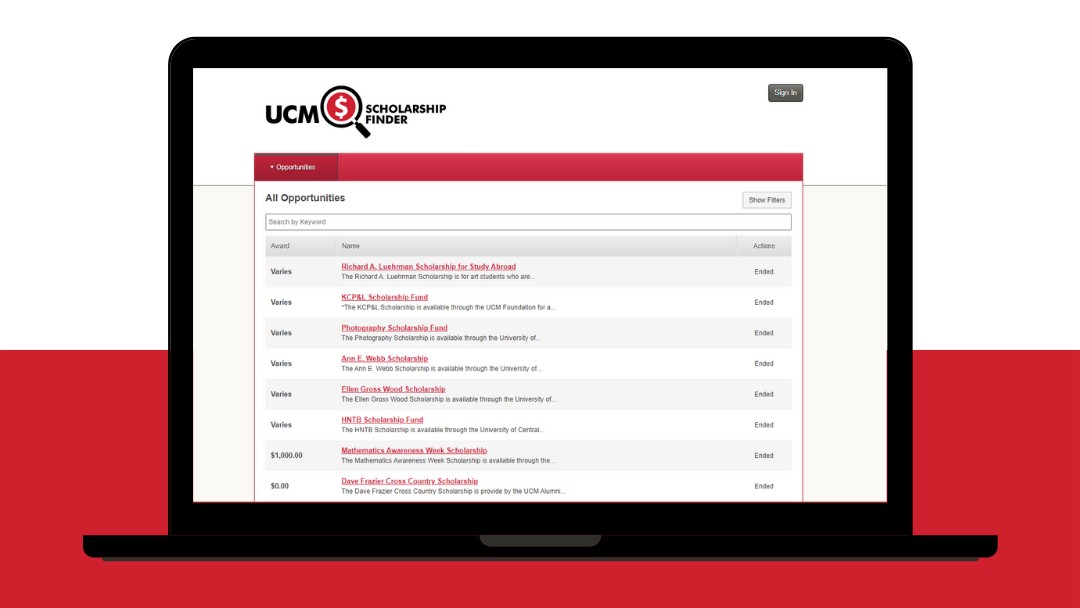 UCentralMO's tweet photo. UCM Scholarship Finder is now accepting applications for the '23-'24 academic year! @UCM_Alum offers over 600 scholarships for UCM students, and Scholarship Finder makes it easy to apply for all of them. Apply now: https://t.co/fIDVI466s9 https://t.co/nGDNftNQ1g