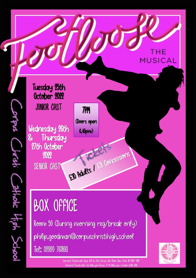 EXCITED!!!! Tickets on sale from NEXT MONDAY 26th September. Get your orders in quick and get ready for FOOTLOOSE <a href="/Drama_CCHS/">Drama@Corpus</a> <a href="/CorpusChristiHS/">Corpus Christi Catholic High School</a> <a href="/CorpusPfa/">Corpus PFA</a>