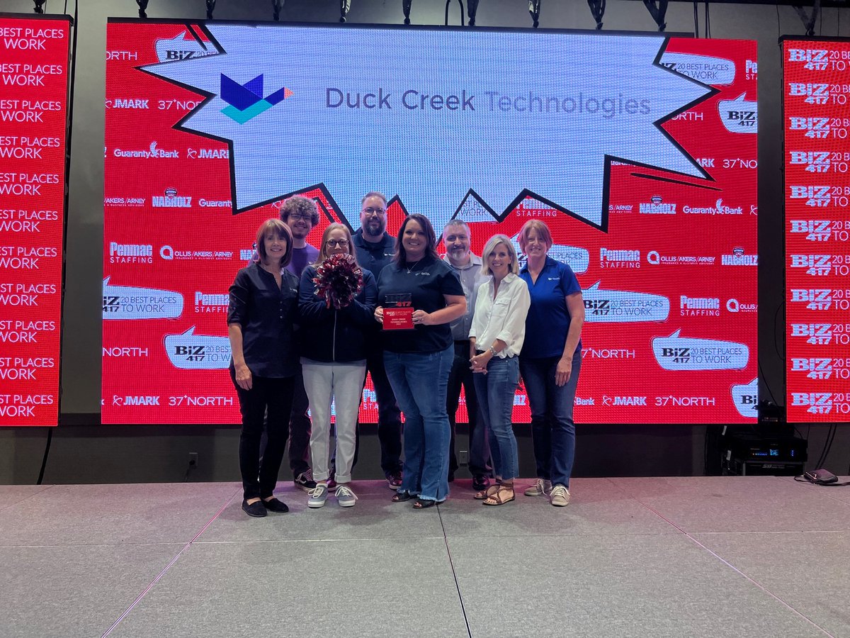 HollyHiringU's tweet photo. Duck Creek Technologies is one of the Best Places to Work in #Missouri from BIZ 417!  So honored and pleased to accept our award at Biz 417's Annual Luncheon! 

#award #bestemployer #businessleader #culture #talent #InsurTech #industry #NowHiring #lifeatduckcreek https://t.co/HIpIqroI54