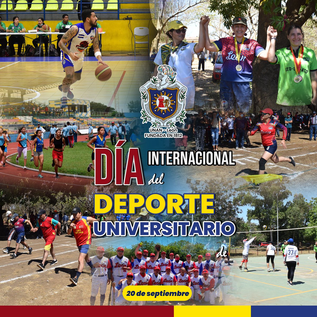 unanleon's tweet photo. 20 de septiembre | Día Internacional del Deporte Universitario.
La Bicentenaria UNAN-León, saluda a todos nuestros deportistas, reconociendo y agradecer el esfuerzo que hacen en la cultura física y el deporte, como ejes fundamentales de desarrollo humano. https://t.co/hgcSAHdYmV