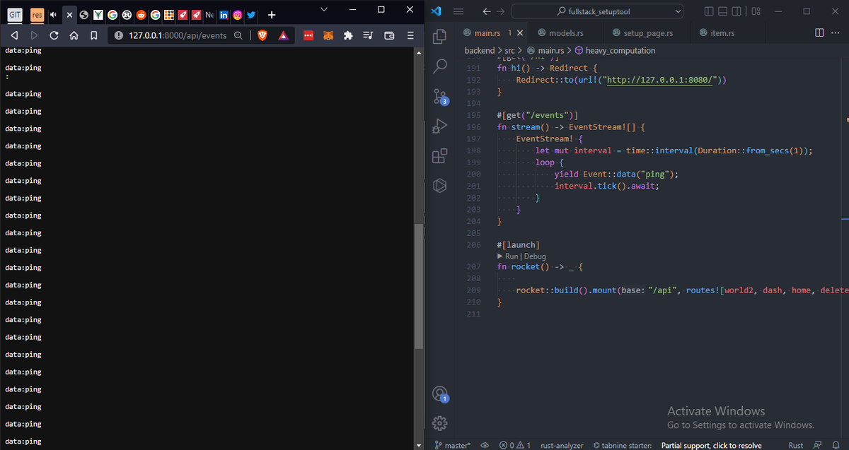 Shaheer_CODE's tweet photo. Day79 of #100daysofcode: I checked out Websockets today to implement a checklog feature, and found out that it is not possible to implement Websockets in Rocket for now. However, Rocket supports server-sent events, allowing one-way communication from server to client.

#rust https://t.co/PzyFWLqbzg