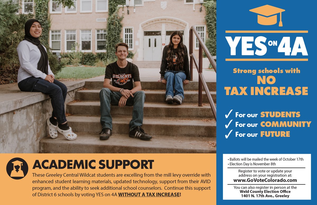 D6greatschools's tweet photo. These Central Wildcat students are excelling from the previous mill levy with new student learning materials, updated technology, support from their AVID program, and the ability to seek additional school counselors. CONTINUE THIS SUPPORT of District 6 schools by voting YES on 4A https://t.co/od4zdNz7PK