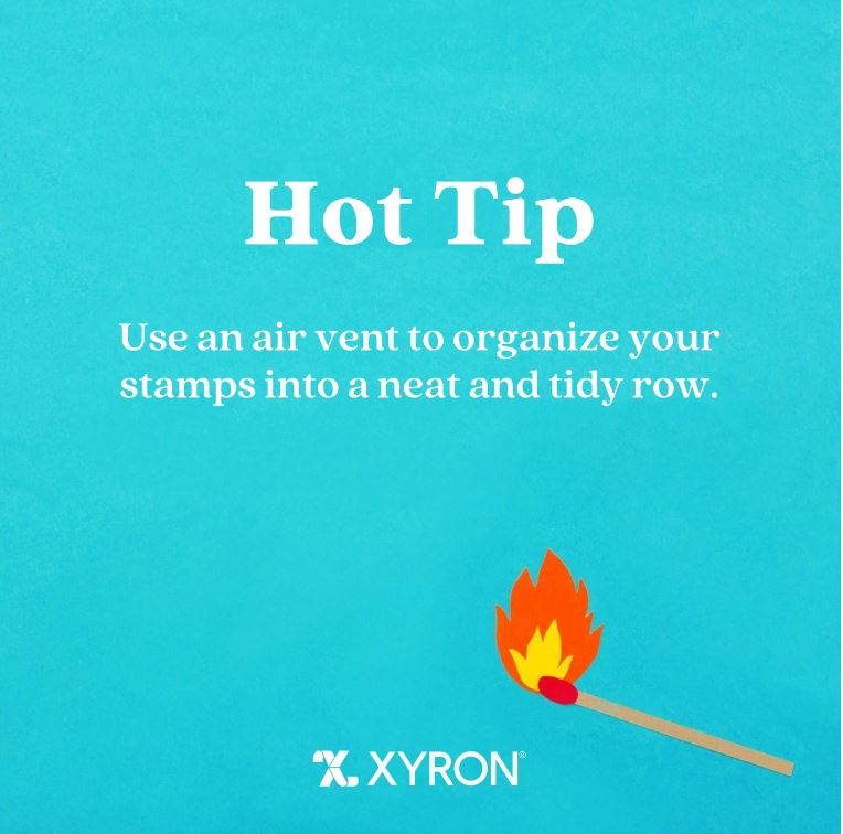 Use an air vent to organize your stamps into a neat and tidy row. ⁣
⁣
#hottip #craftinghack #createwithxyron #crafter #crafterlife #crafts #handmade #art #diy #craft #crafting #love #creative ⁣#Craftwithxyron #xyronhottip