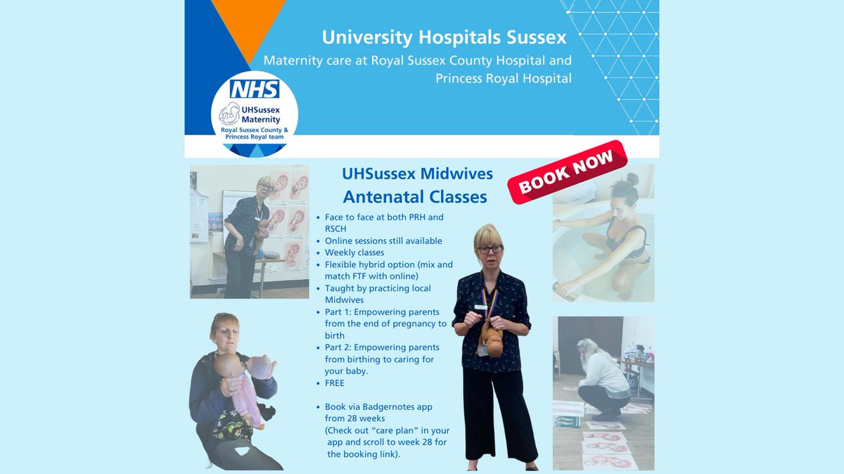 UHSussexMatServ's tweet photo. π₯³ UHSussex Midwife-led empowering FREE antenatal classes are back face to face!
π Options for online as well as face to face if you donβt feel ready for a class setting.
β‘οΈ Book from 28 weeks of pregnancy, via your #badgernotes app. Or speak to your Community Midwife. https://t.co/bxOZTIzGPR