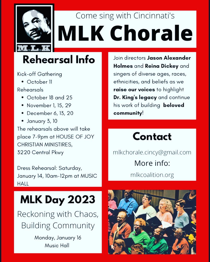Are you looking for a meaningful way to be in community with others while singing to honor Dr. King’s legacy? 

Consider joining the MLK Chorale! Join us for the kickoff gathering on October 11. See details on the attached flyer.