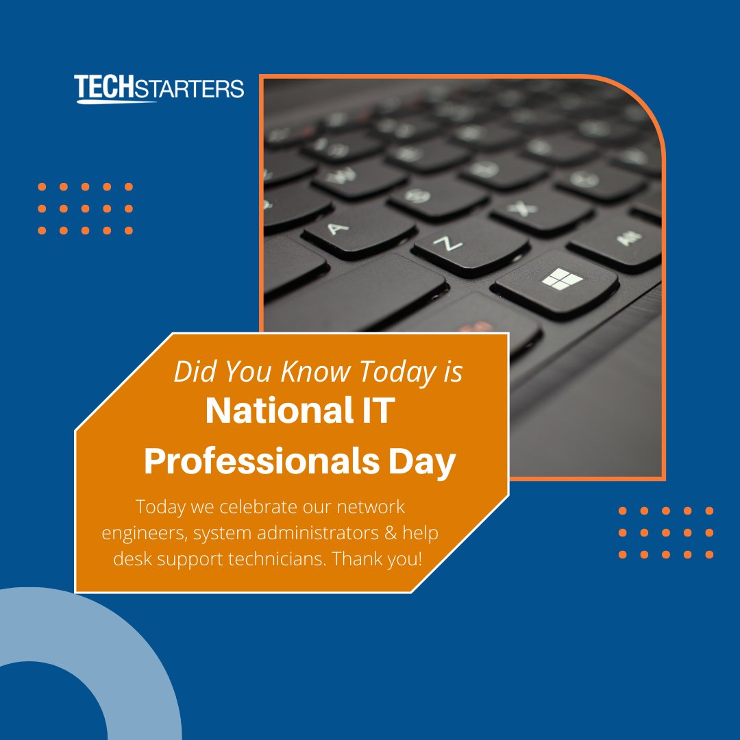 TechStarters's tweet image. Did you know today is National IT Professionals Day? At #TechStarters we recognize our network engineers, system administrators & help desk support technicians for their dedication and skills they bring to our organization everyday. We appreciate you! Thank a Nerd today.