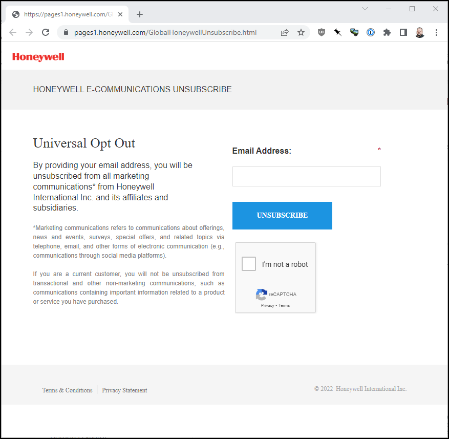 tonydew's tweet photo. Why do you make this hard @honeywell?

You track the unsubscribe page link from the email you sent me, so you know exactly who I am and how I got here.

The only reason a page like this exists is to make unsubscribing harder than it needs to be:

Be better, Honeywell. Be better. https://t.co/rB0s3BjT9N
