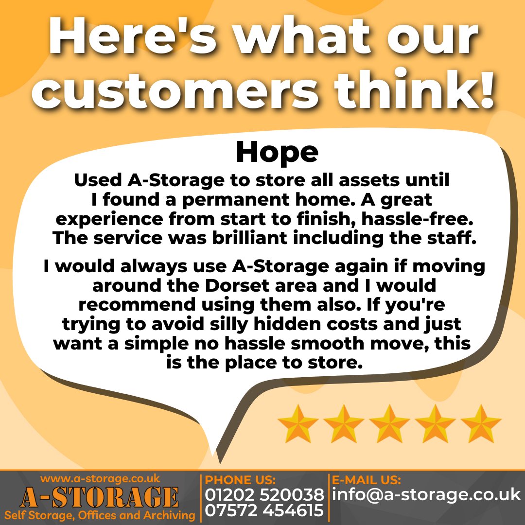 AStorageDorset's tweet photo. Don't just take our word for it, here's what our customers think of us!

If you would like to learn more about our services please contact our friendly team on 01202 520038 or visit https://t.co/l5lNlNbJOu https://t.co/BnXzmW7o7A