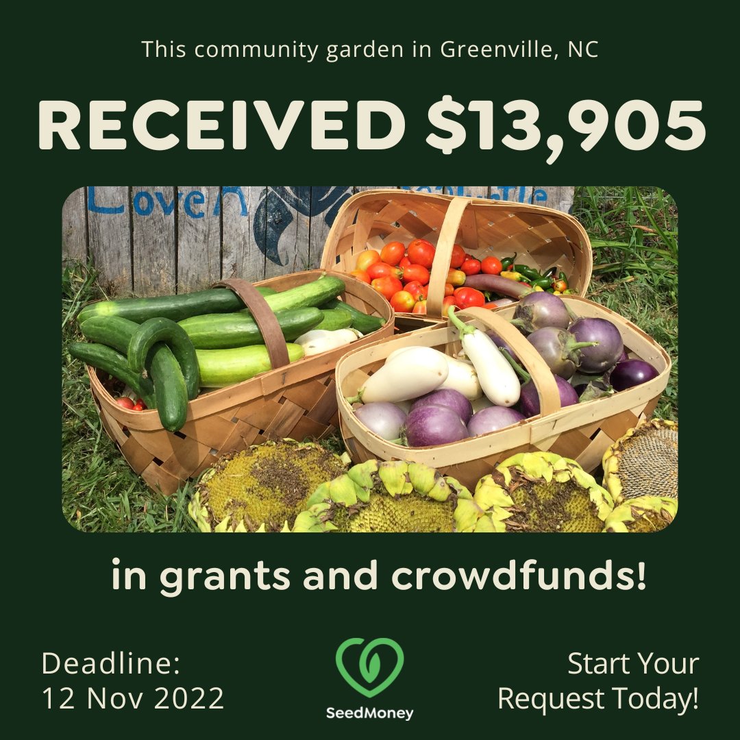 seedmoneyorg's tweet photo. Last year, the Greenville Community Garden (NC) raised nearly $14,000 in #gardengrants and crowdfunding via the SeedMoney Challenge! We're accepting new funding requests through Nov 12th. If you know a food garden project that could use a boost, please see https://t.co/VJd52UclEN https://t.co/tdYpJjV5HL