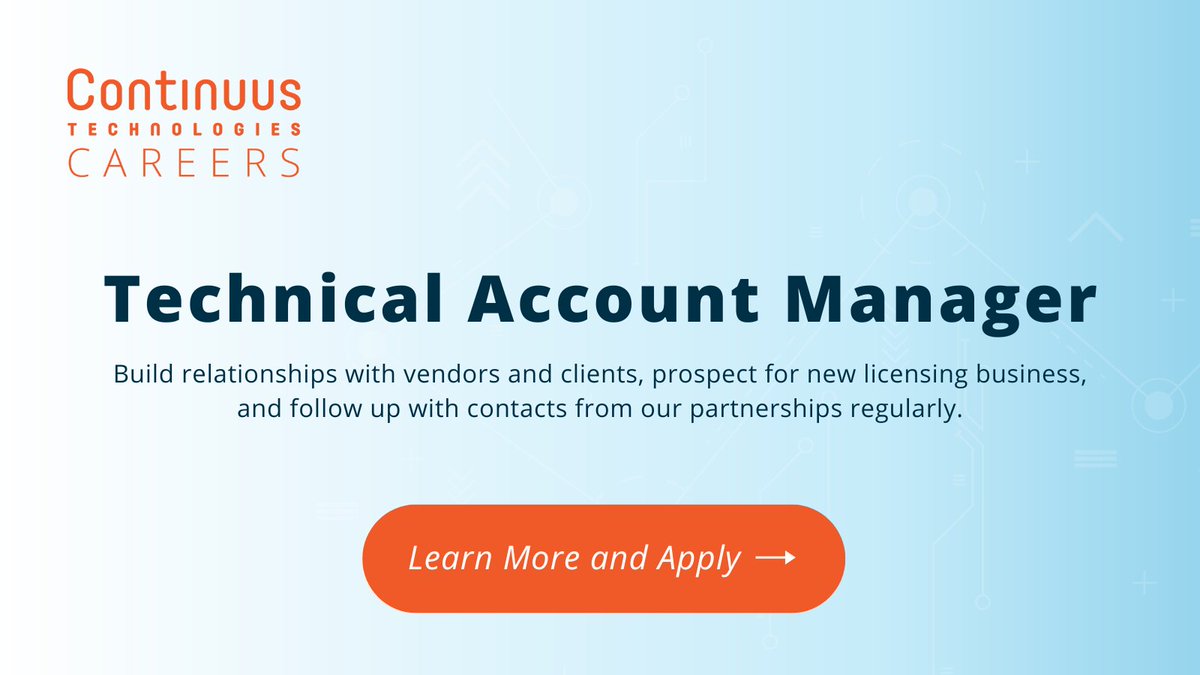 continuus_tech's tweet photo. We're hiring! 

Continuus is looking for a Technical Account Manager to be responsible for growing our revenue through our technology partnerships. Learn more: https://t.co/D8XLjfOfIu #hiring #continuuscareers #bizdevcareers https://t.co/cUyWvPtiZ1