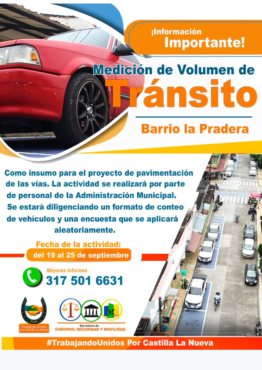 GobMpalCastilla's tweet photo. #Atención | La Administración Municipal en cabeza del alcalde Fernando Amézquita y a través de la Secretaría de Gobierno, Seguridad y Movilidad, invita a la población castellana del barrio la pradera a  estar atentos de la jornada de medición de volumen de tránsito. https://t.co/XRd1m7EPEC