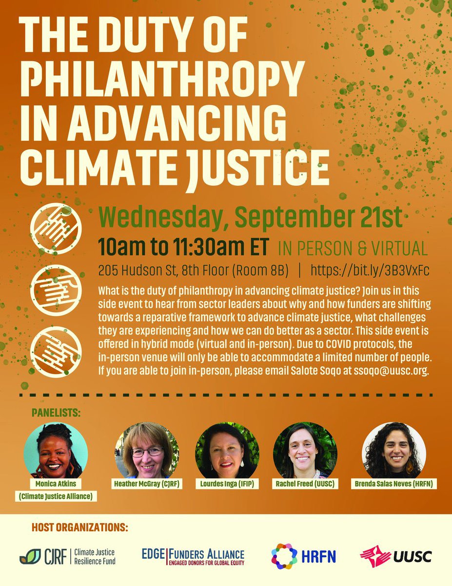 📣ATTENTION📣 Join @UUSC, @CJRFund, @EDGEFunders, and @hrfunders for an incredible panel about the “Duty of Philanthropy in Advancing Climate Justice” to learn how funders are supporting frontline communities! 📆 Sept.21 ⏰ 10:00am EST 🌱👉🏾Register:bit.ly/3B3VxFc