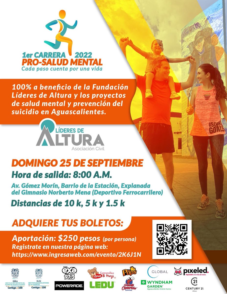 Los invitamos a participar en la primer Carrera Pro-Salud Mental 2022 
 ¡Cada paso cuenta por una vida!

🏃‍♀️🏃‍♂️Distancias: 1.5k, 5k y 10k￼
📍Avenida Gómez Morín S/N, Barrio de la Estación. Explanada del  (Deportivo Ferrocarrilero). 
￼📆 Domingo 25 de septiembre de 2022