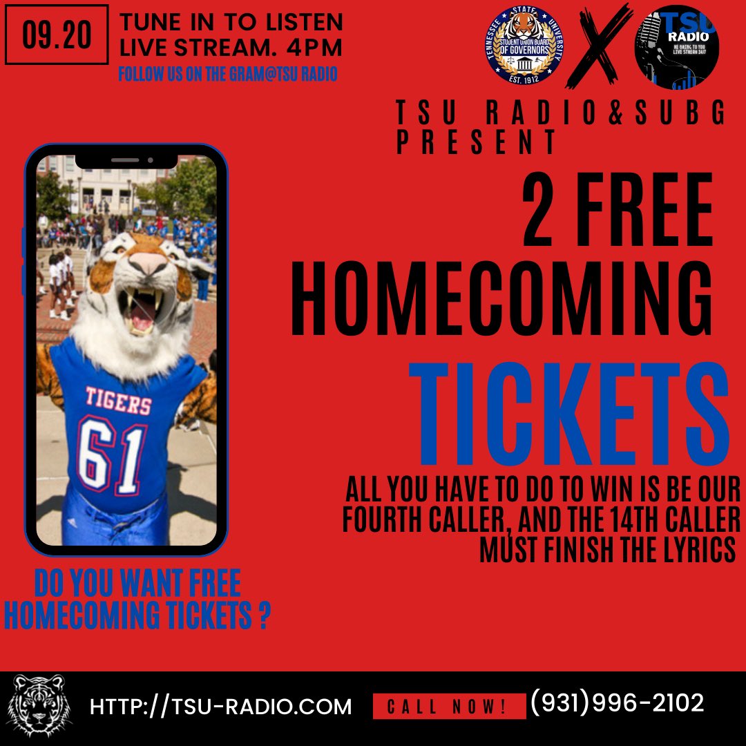 theTSUradio's tweet photo. 🚨GET GEEKED GET GEEKED🚨
Instructions : 

    1.    Click the link in the bio ( 4pm we will be going live !) 
    2.    Call the number (931)996-2102 (at 4pm!)
    3.    Try and be the fourth caller and or the fourteenth to finish the lyric! https://t.co/5ySOOrF0mJ