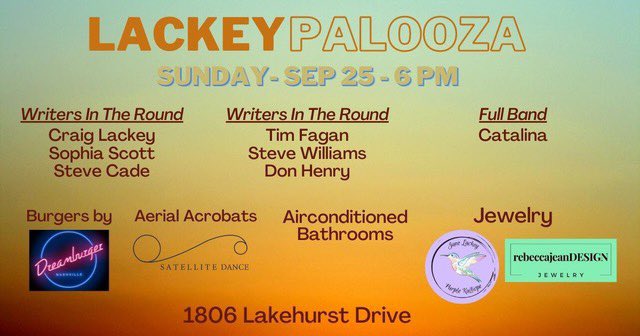 stevencademusic's tweet photo. I’m so excited to play NEXT SUNDAY AT LACKEYPALOOZA AT 6 PM in East Nashville!
PURCHASE A TICKET: https://t.co/t8yhQE730o
LOCATION:
LACKEYPALOOZA
SEPTERMBER 25TH, 6PM
1806 Lakehurst Drive
#lackeypalooza #eastnashville #countrymusic #stevencadecountry https://t.co/ydNhZ9ymKw