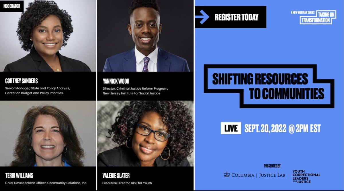 CUJusticeLab's tweet photo. Less than two hours until our next Taking on Transformation webinar: “Shifting Resources to Communities”

Catch @Cort_Sand, @yannickwood, Terri Williams (@CommSol_Inc), &amp; Valerie Slater (@RISEforYouth) discuss what communities need to truly transform youth justice #JusticeLabLive https://t.co/eDsw9ok0OE