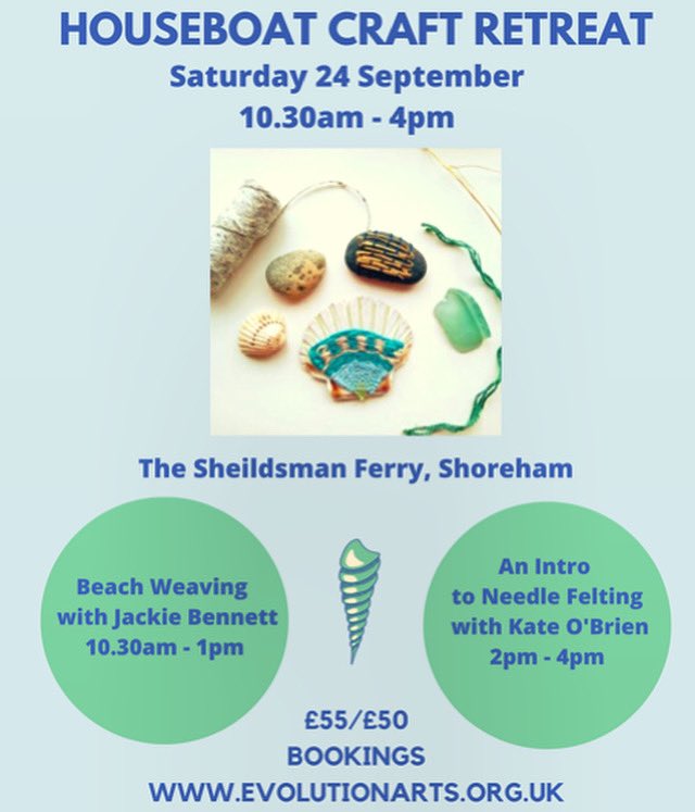 evolution_arts's tweet image. All aboard! 
Last chance to book on this unique creative experience, this Saturday 24 Sept.
Join us for a day of beach weaving and needle felting on a quirky Shoreham houseboat.

evolutionarts.org.uk/Houseboat-Craf…

#shoreham #learntoweave #needlefelting #workshop