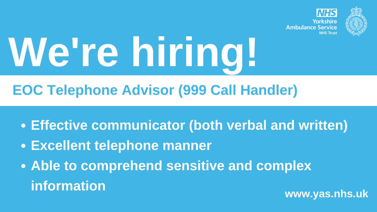 YorksAmbulance's tweet photo. Looking for a rewarding career change?

We're hiring Call Handlers in our Emergency (999) Operations Centre based in Wakefield &amp; York.

🔗 https://t.co/Kj7MBbiOXG https://t.co/ksAB4HfX2Z