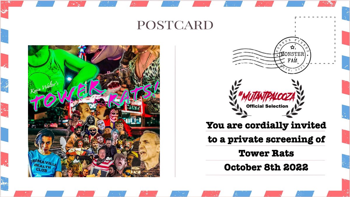MutantTheater2's tweet photo. Postcards from the edge!📬 
We’re super excited to have #TowerRats by @kwzombi as part of #MutantPalooza II !! Join us for a free film festival October 8th as the filmmakers chat along during the movie! DM for details… #MonsterFam #MutantFam #HorrorFam #HorrorMovies #Horror🍿 https://t.co/yiebkg28C0