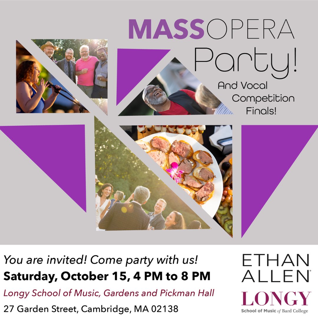 MassOpera kicks off its 22/23 Season with our annual Party and Vocal Competition-the first time we are combining both events together! Full bar, passed hors d’oeuvres, and silent auction in the Longy Gardens, followed by fantastic singing in Pickman Hall!
 bit.ly/3Un1J2N
