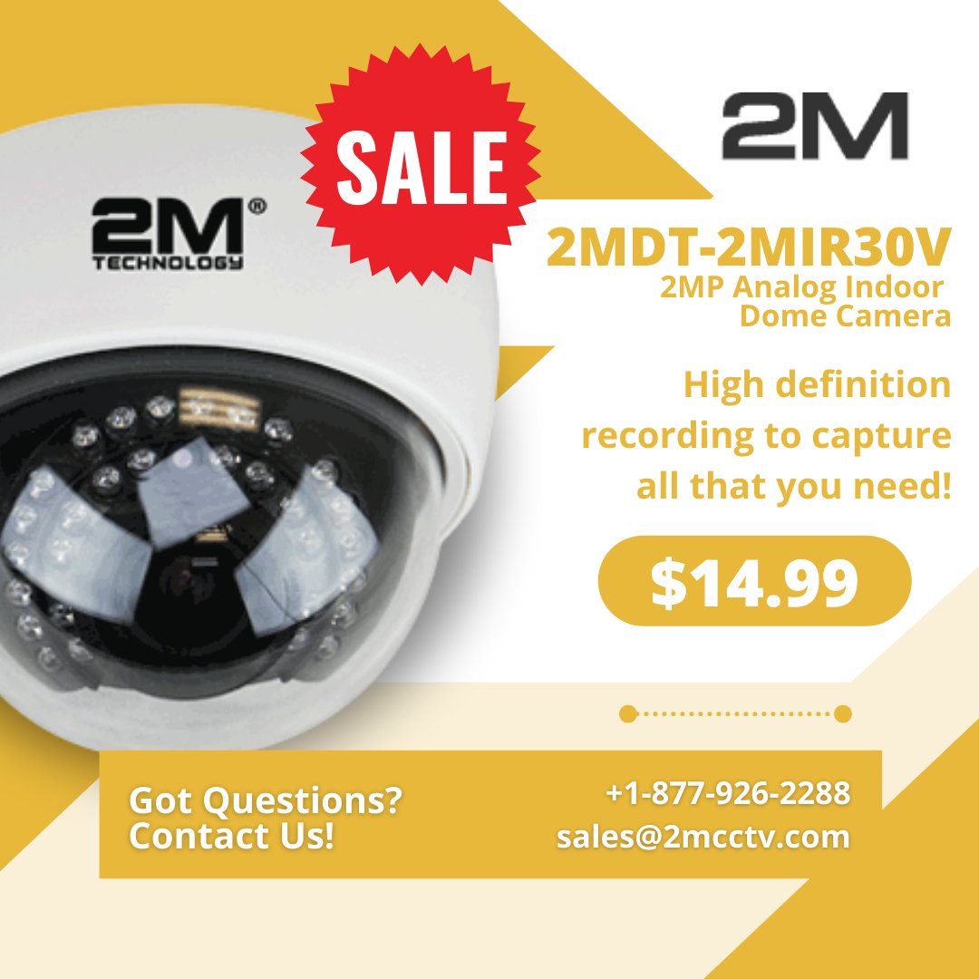 2mcctv's tweet photo. ONLY $14.99! Protection at a steal with our 2MP Analog Indoor Dome Camera!

Take advantage of our latest security camera deal and give us a call now at +1-877-926-2288.

#security #surveillance #cctv #homesecurity #securitysystem #securitysolution #securitydeals https://t.co/4XzuzWQ86S