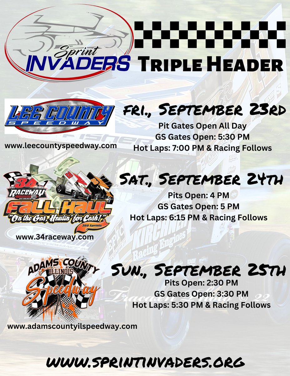 Huge Three-Race Weekend for <a href="/SprintInvaders/">Sprint Invaders</a> Includes $5,000 Fall Haul!  sprintinvaders.org/press/article/… <a href="/34Raceway/">34 Raceway</a> @AdamsCoILSpdwy