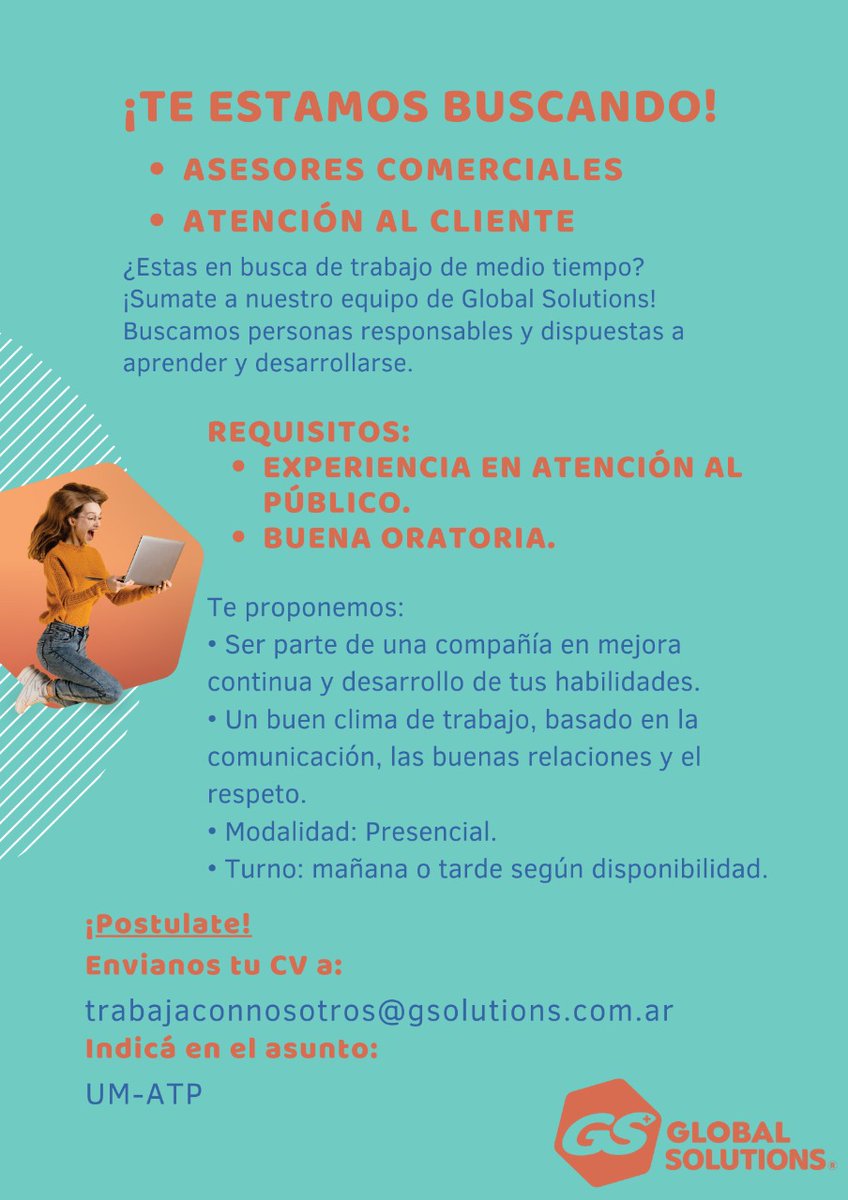 FlorFiochetti's tweet photo. Hola gente de San Rafael! En la empresa donde trabajo están buscando asesores comerciales por una jornada de 6 horas de forma presencial . 
Salario decente y trabajo en blanco 👌🏻 
Toda la info en la imagen.
Por favor compartir https://t.co/uDygFxbraa