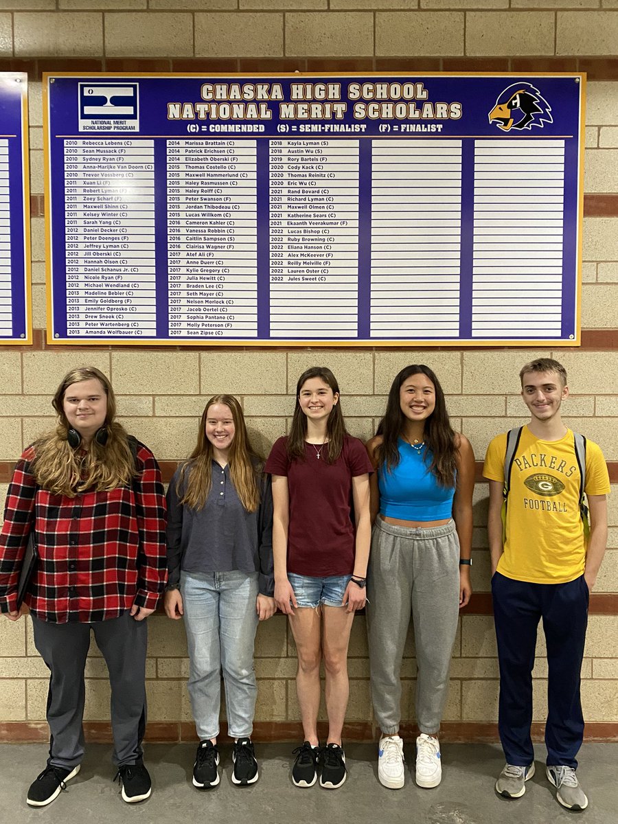 Congrats to our 2023 Chaska Hawks National Merit Scholars: Anna Holk &amp; Natalie Roth (Semifinalists) &amp; Timothy Hagen, Caleb Songer, &amp; Kiana Tardia (Commended)! #Soar