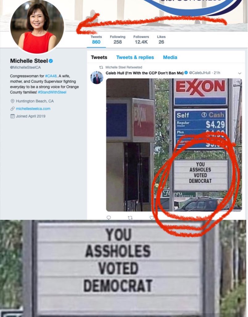 LarryTenney's tweet photo. As we get closer to Election Day, a friendly reminder: MAGA Rep Michelle Steel has labeled everyone who isn't register GOP as a "communist" AND tweeted that anyone who voted for Dems is an "ASSH0LE"
#ShitMichelleSays https://t.co/AW9Q1jYzgb