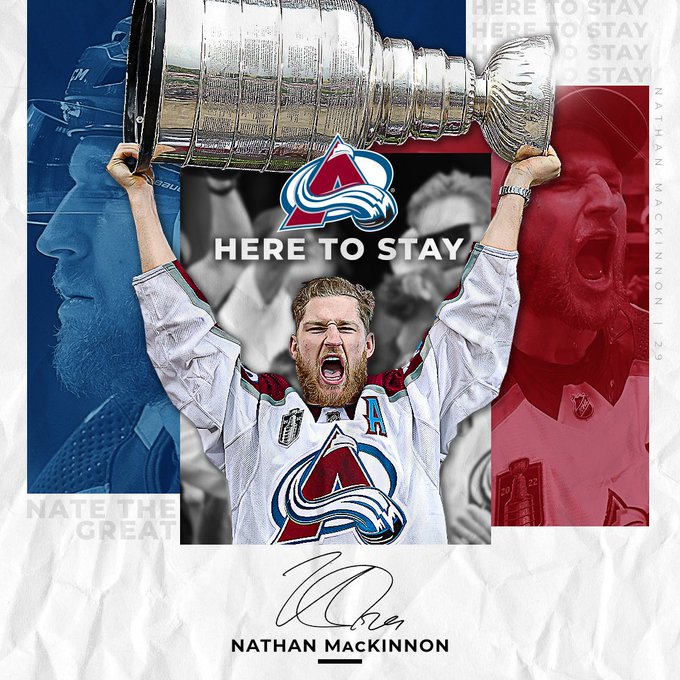 Nathan MacKinnon lifting the cup with copy that reads “here to stay”