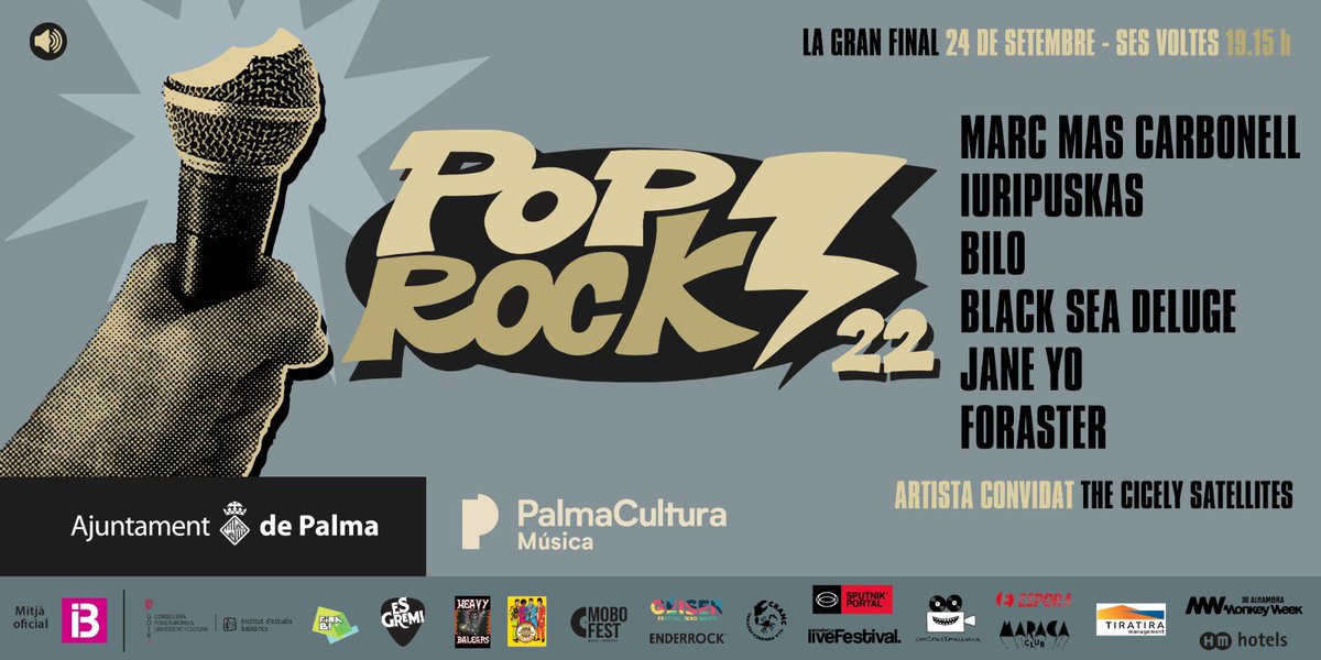 PalmaCultura's tweet photo. ⚡️Preparats? 
Aquest cap de setmana: GRAN final del concurs #PopRock 2022!
🗓Dissabte, 24 de setembre
⏰A les 19.15 h.
📍Ses Voltes
🎸Aquests són els 6 grups finalistes: 
#biloband 
#theblackseadeluge 
#foraster 
#iuripuskas 
#jane_yo 
#marcmascarbonell https://t.co/tMr3XiVxqx