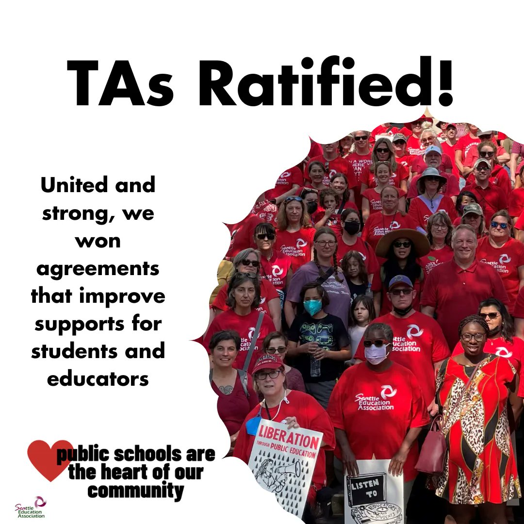 SeattleEdAssoc's tweet photo. We united, took action, and achieved a contract that does more for us and our students. Last night, the membership voted to ratify the SAEOP, Paraprofessional, and Certificated tentative agreements.  THANK YOU to everyone who supported us - our unity made the difference! https://t.co/lnFd6QVAfR