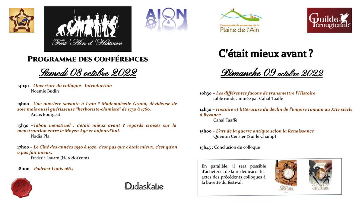 CheminsAntiques's tweet image. J'aurai le plaisir et l'honneur de participer au festival Fest'Ain d'Histoire organisé par @GuildePerouges les 8 et 9 octobre. J'y donnerai une conférence intitulée "Tabou menstruel : c'était mieux avant ? Regards croisés sur la menstruation entre le Moyen Âge et aujourd'hui".