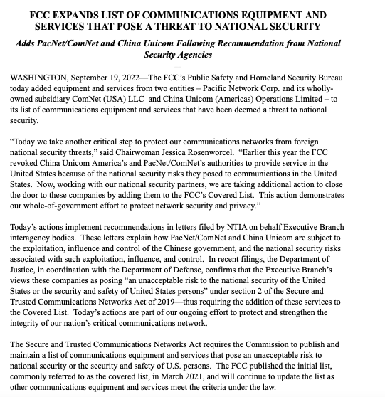 eurasiamap's tweet photo. China-linked communications companies today added by the @FCC to its list of those deemed a threat to national security https://t.co/2zKd2jfvIP via @W7VOA #China https://t.co/cAK4ze51Gn