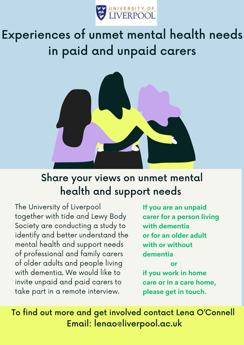 Dr Clarissa Giebel 🇪🇺 🇩🇪 (@clarissagiebel) on Twitter photo We are still looking for unpaid carers of older adults and paid carers for people with #dementia and older adults to share their experiences on their #mentalhealth needs and available support! Remote, and completely anonymous, interview - pls contact us now! 📲📩
#carehomes We are still looking for unpaid carers of older adults and paid carers for people with #dementia and older adults to share their experiences on their #mentalhealth needs and available support! Remote, and completely anonymous, interview - pls contact us now! 📲📩
#carehomes