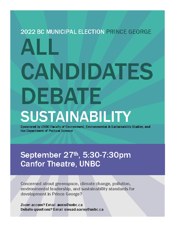 Environmental & Sustainability Studies @ UNBC (@essunbc) on Twitter photo ALL CANDIDATES DEBATE #sustainability. Come hear what your mayor and council candidates have to say. Sponsored by <a href="/unbcfe/">UNBC Faculty of Environment</a> Political Science & <a href="/EssUnbc/">Environmental & Sustainability Studies @ UNBC</a> #pgvotes ALL CANDIDATES DEBATE #sustainability. Come hear what your mayor and council candidates have to say. Sponsored by <a href="/unbcfe/">UNBC Faculty of Environment</a> Political Science & <a href="/EssUnbc/">Environmental & Sustainability Studies @ UNBC</a> #pgvotes