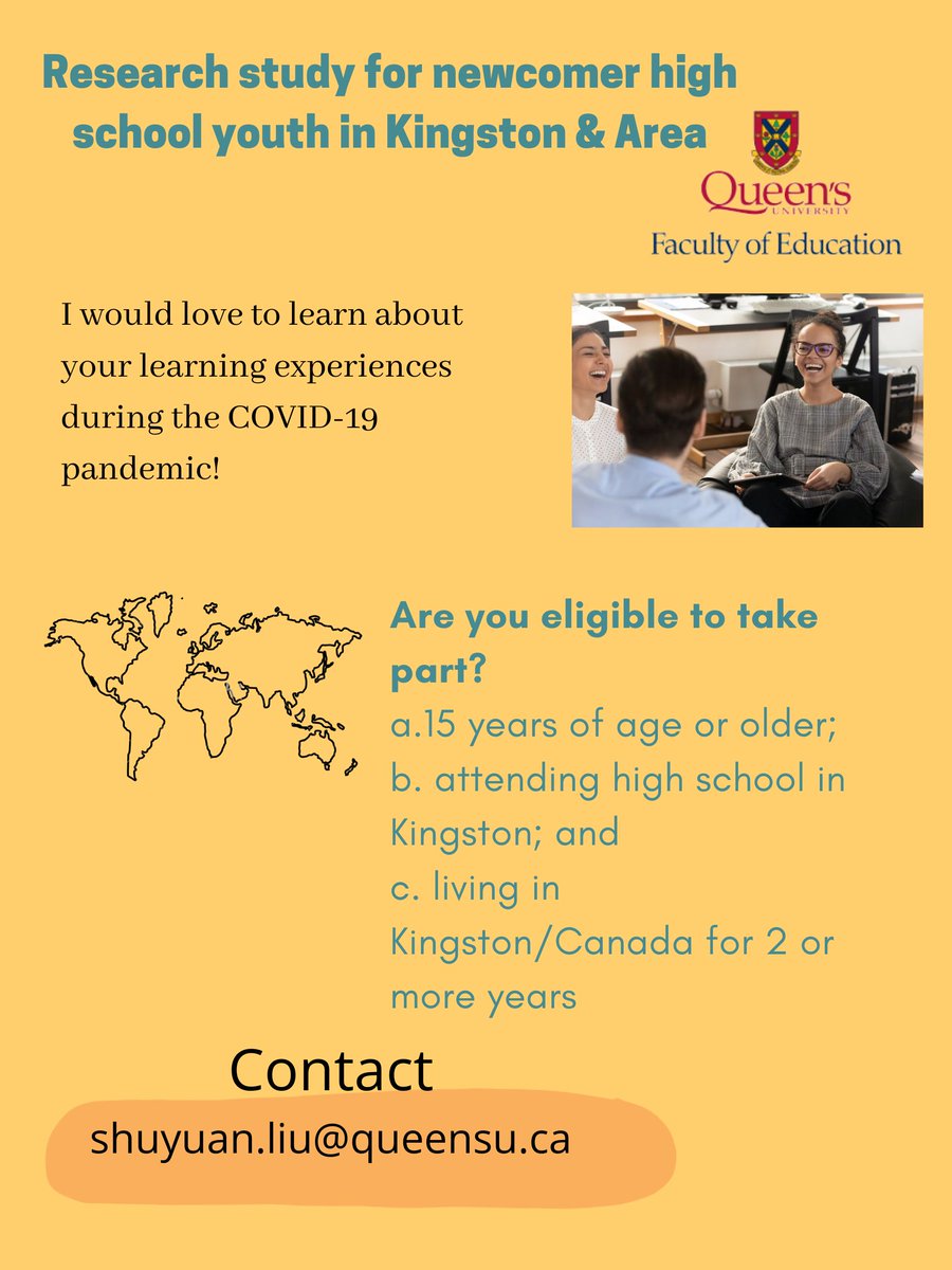 Are you a newcomer youth who has lived in Canada for 2+ years? Are you 15+ years old, and attending high school in Kingston? I would love to learn about your learning experiences both in and out of school since the start of the pandemic! See the poster for more info: